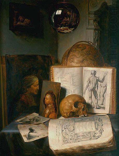 Vanitas still life with skull, books, prints and paintings, simon luttichuys